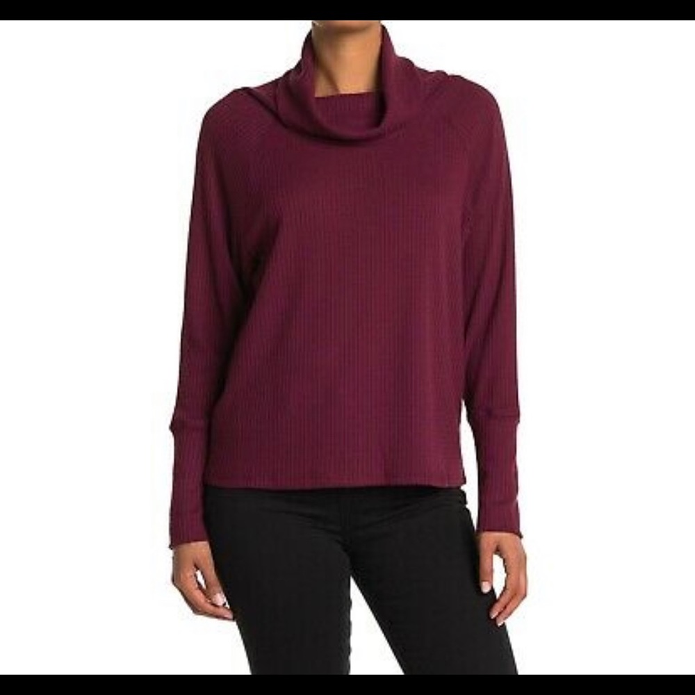 Bobeau Womens Wine Waffle Knit Thermal Pullover Cowl Neck Dolman SZ L